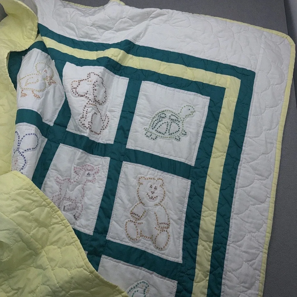 Vintage Cross Stitched Baby Quilt Completed 55X42